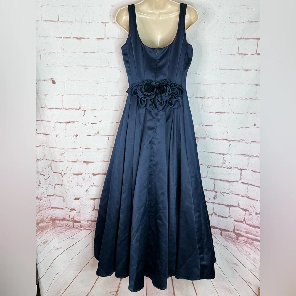 JESSICA McCLINTOCK Navy Satin Floor Length Prom Dress Size 10 Satin Rose Formal - Picture 5 of 16